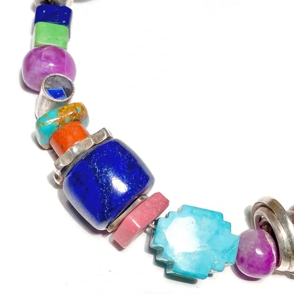 Harold Lujan Unsigned Bracelet w/ Sterling Hand Stamped Beads & Hand Cut Stones - Picture 10 of 16